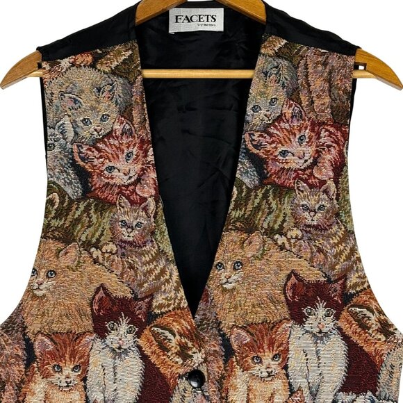 Vtg 90s Kitten Cat Print Tapestry Vest by Facets by Mirrors Women's Large - Picture 2 of 11